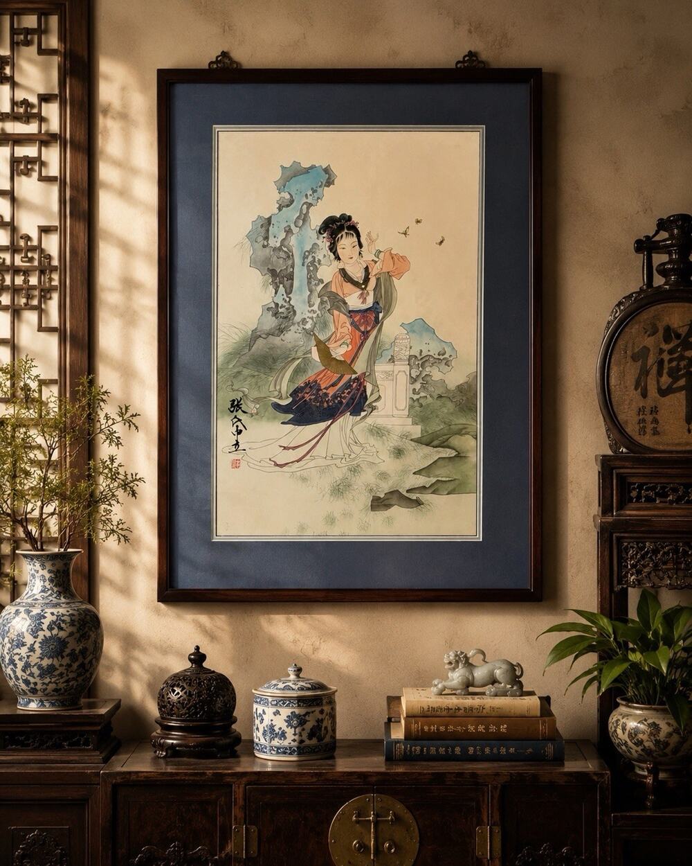 Attributed Zhang Daqian Chinese Beauty Framed Ink Watercolor Painting Large